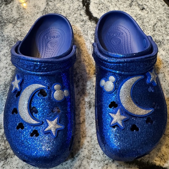 CROCS Shoes - Disney CROCS Blue Glitter Mules with Moon and Stars. Mickey Mouse